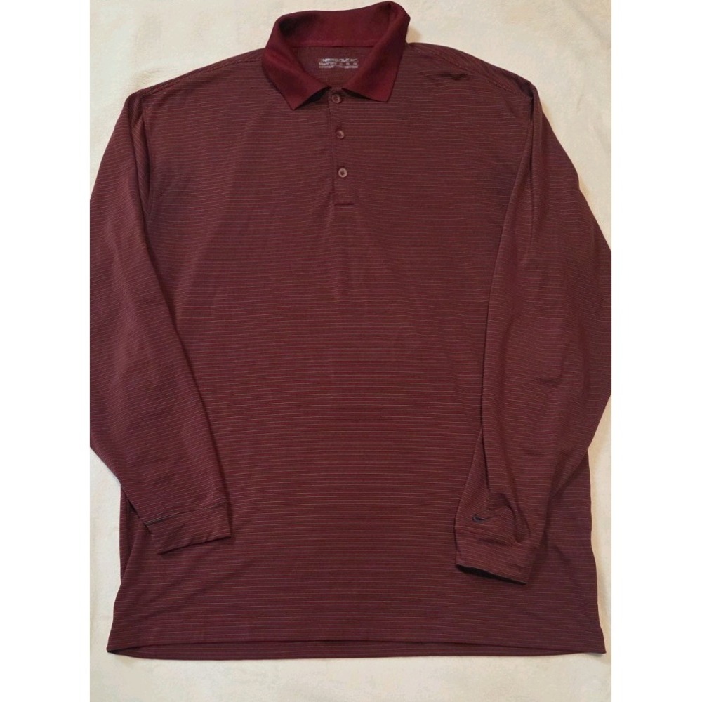 NIKE GOLF DRI FIT MENS LONG SLEEVE MAROON/RED STRIPED GOLF POLO SIZE XL